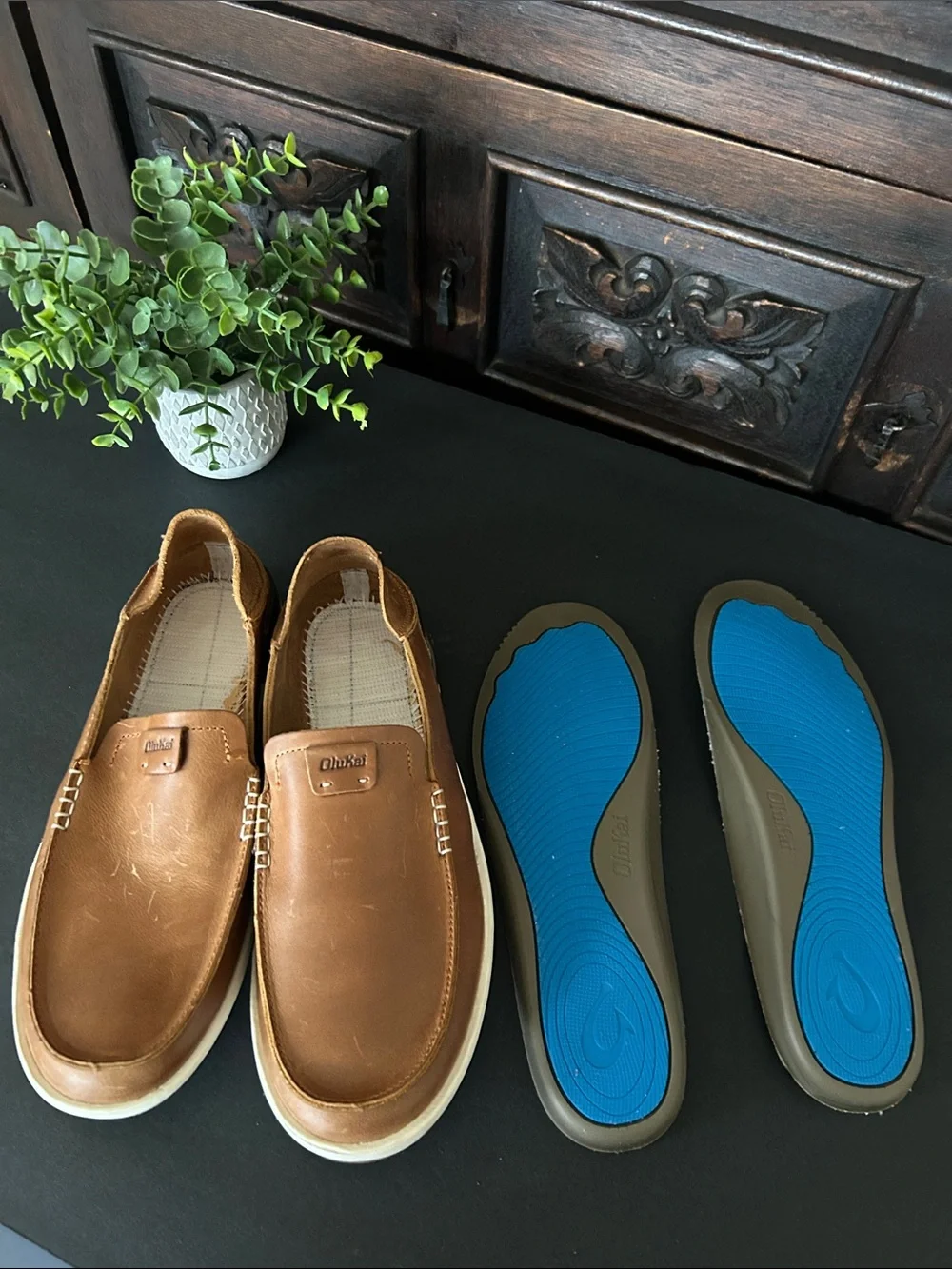 Olukai Men's Brown Leather Slip-On Shoes